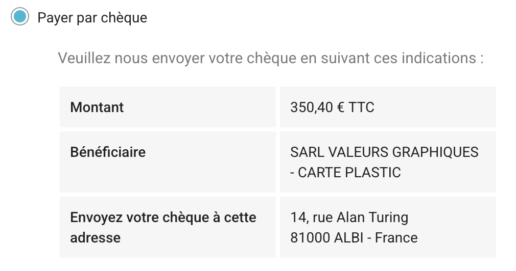 Informations pour expédier un Chèque bancaire